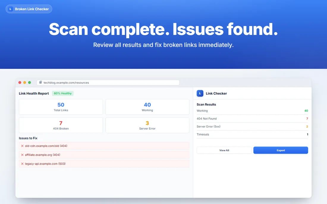 Broken Link Checker results panel showing working, broken, redirect, and timeout results