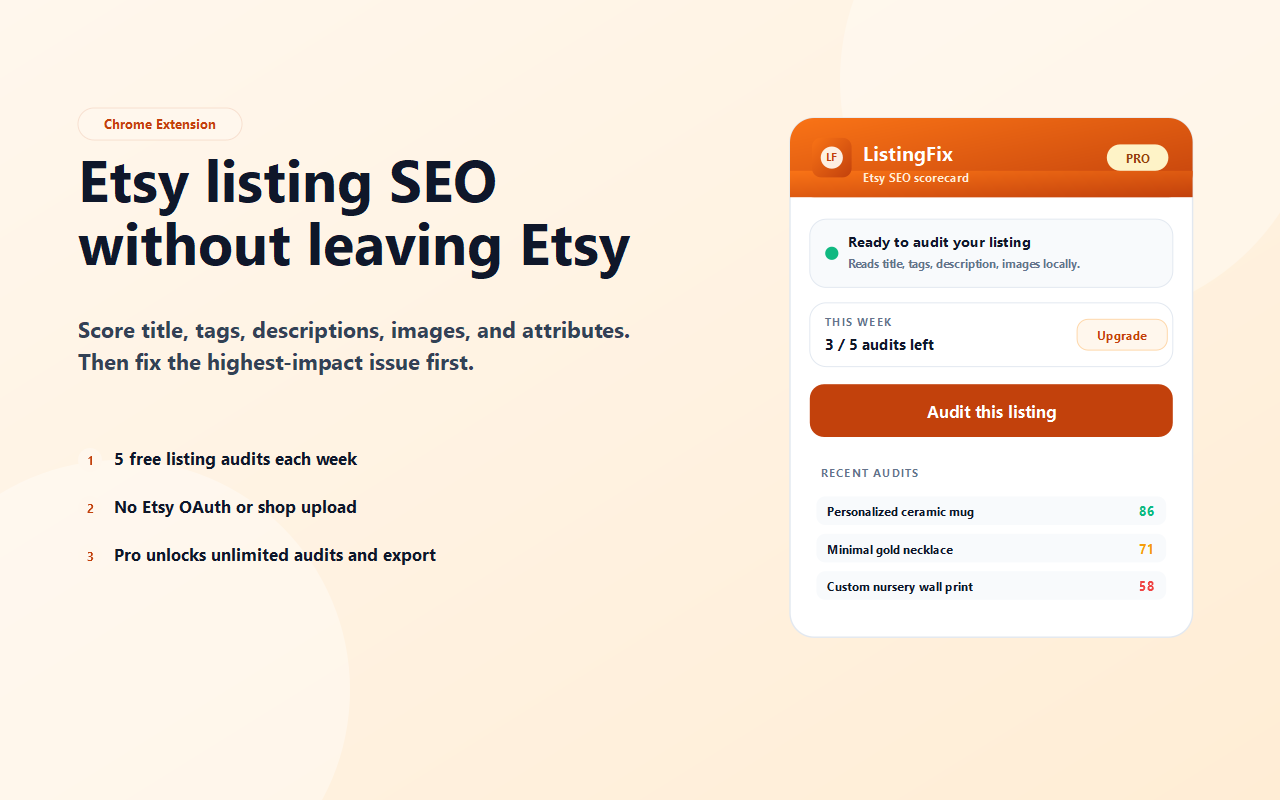 ListingFix home screenshot with popup and recent audits