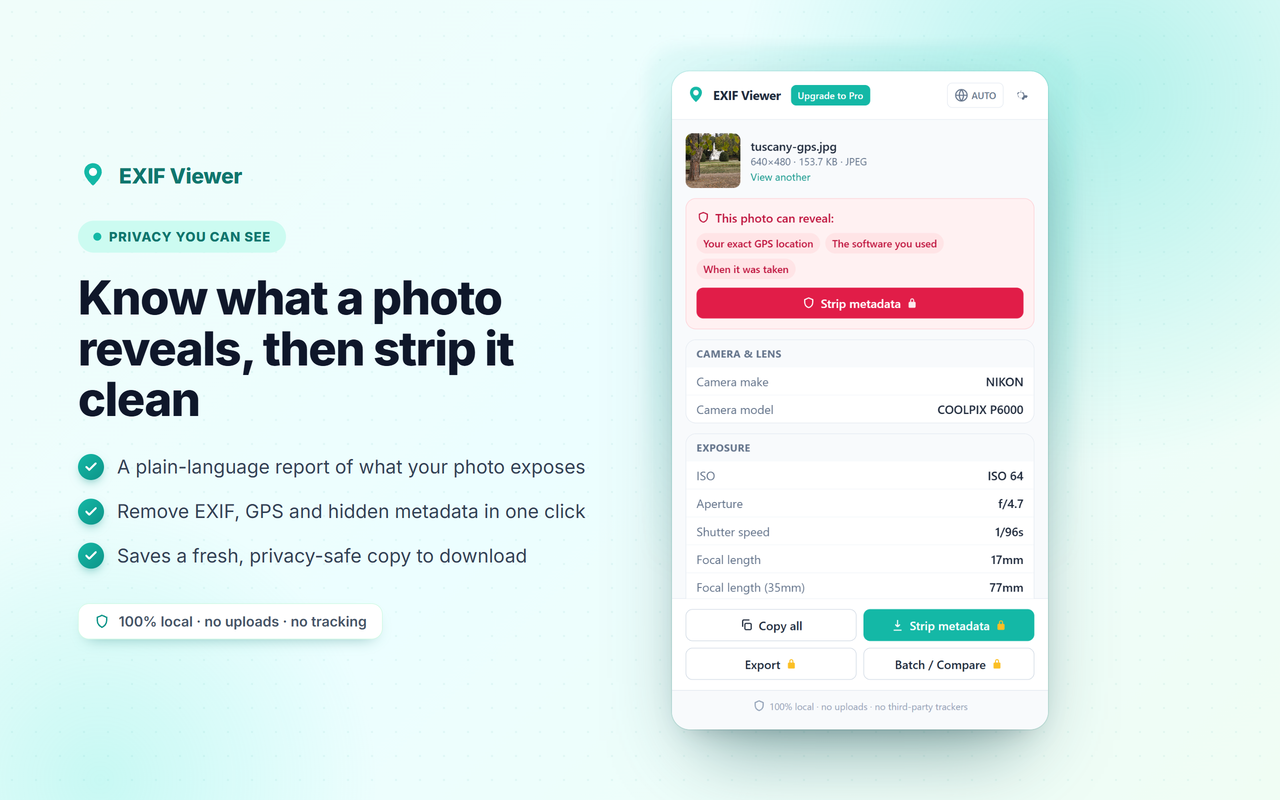 Privacy report showing what a photo reveals