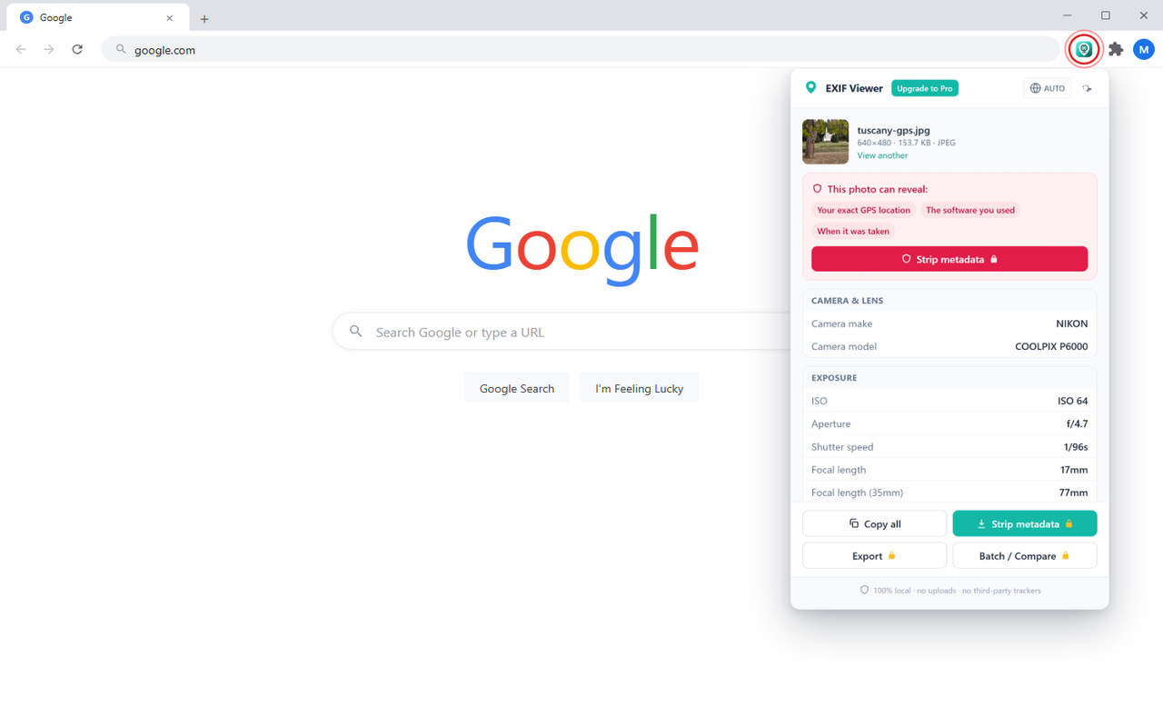 The EXIF Viewer popup open with a photo's metadata