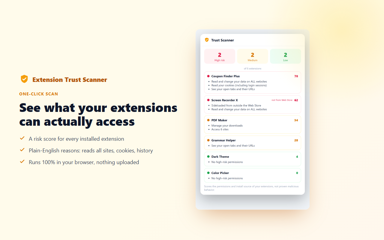 Extension Trust Scanner showing per-extension risk scores with plain-English reasons