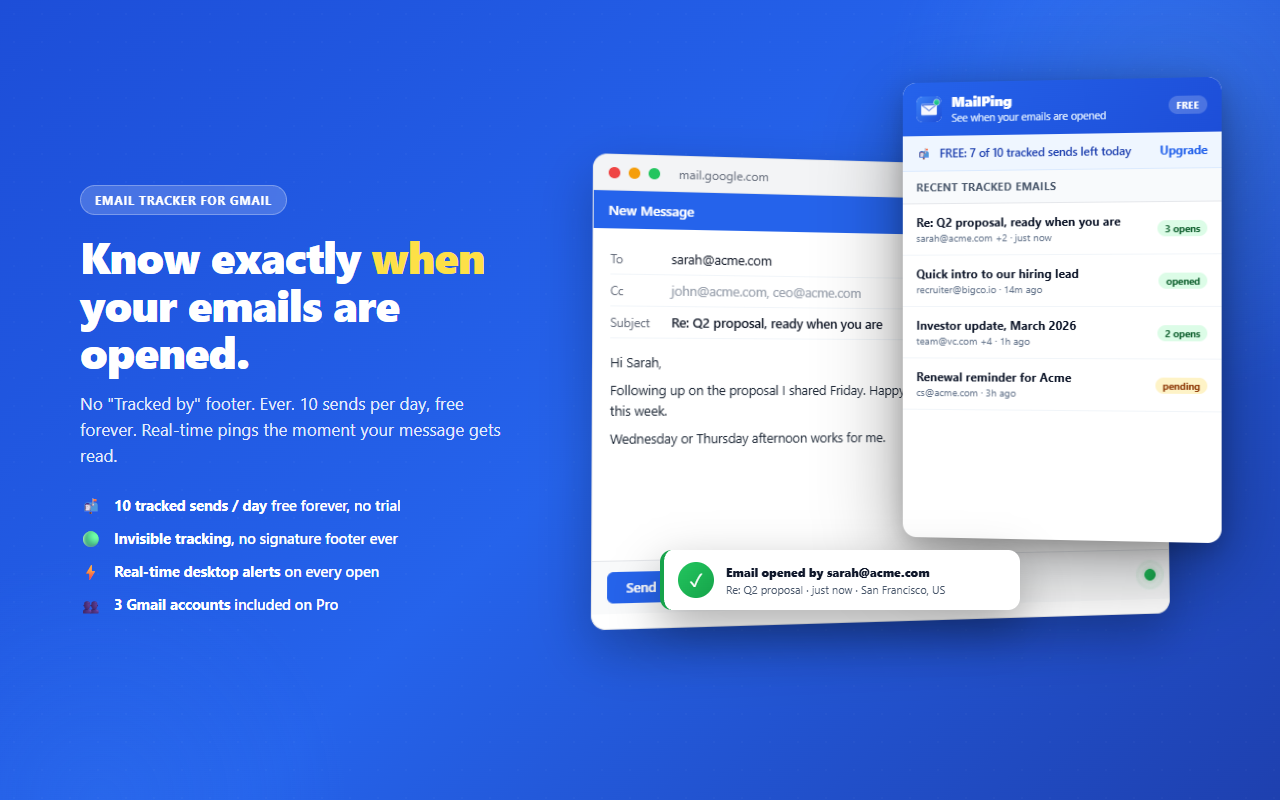 MailPing popup showing recent tracked emails with open counts