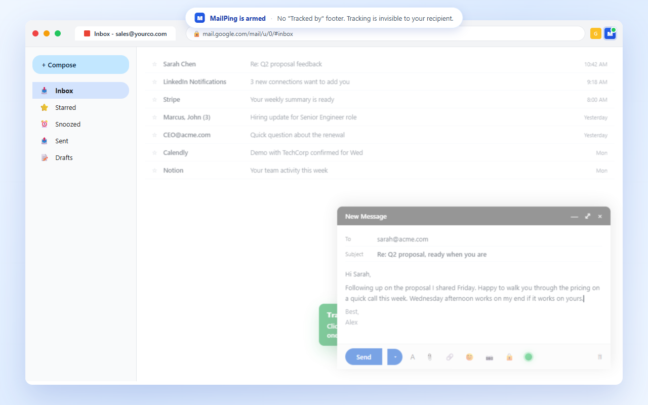 Gmail compose window showing the green tracking-active dot