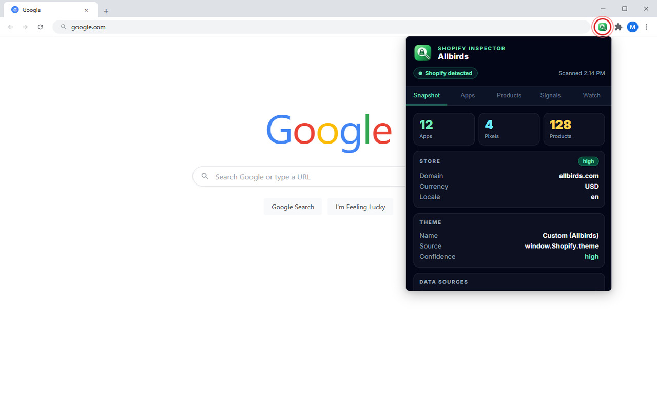 Shopify Store Inspector popup