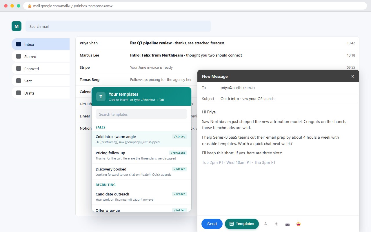 Smart Templates panel open inside a Gmail compose window, showing saved templates with shortcuts and merge fields