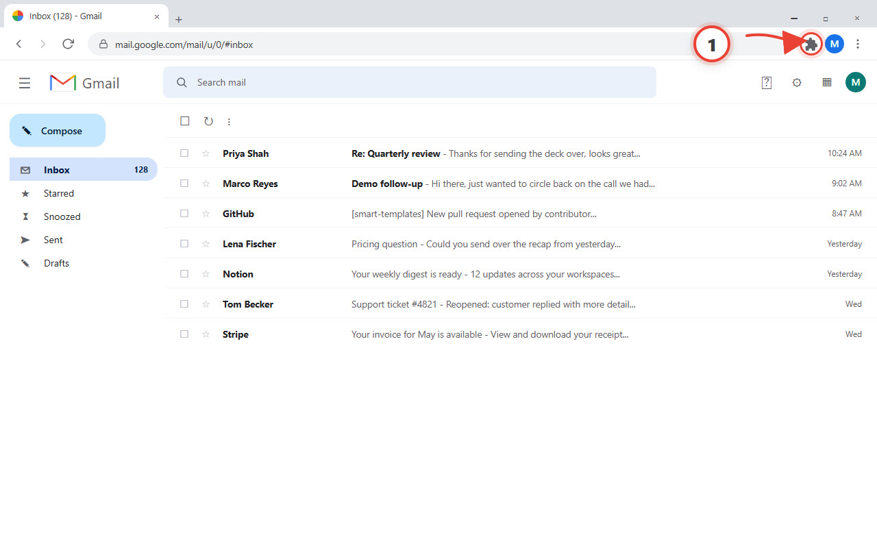 Click the puzzle icon in the Chrome toolbar, then pin Smart Templates