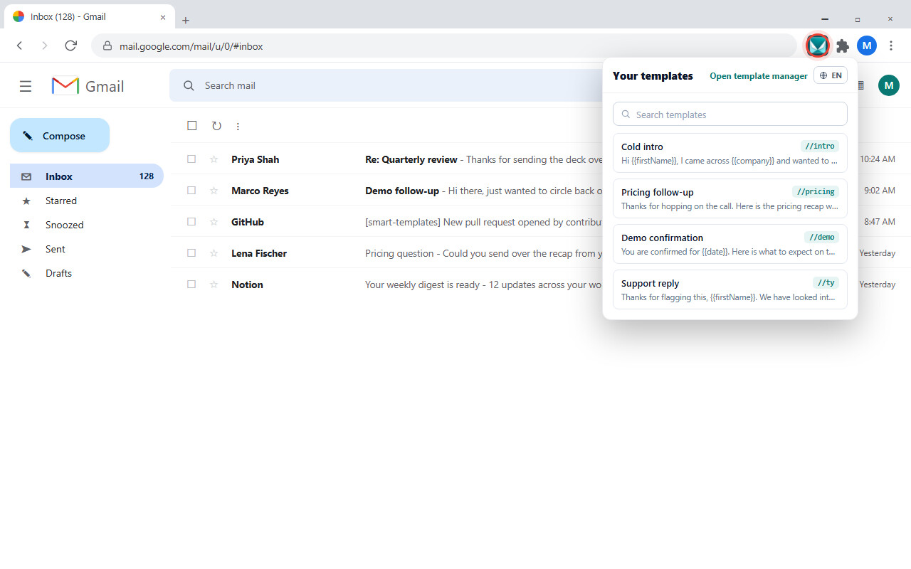 The Smart Templates popup open in the toolbar