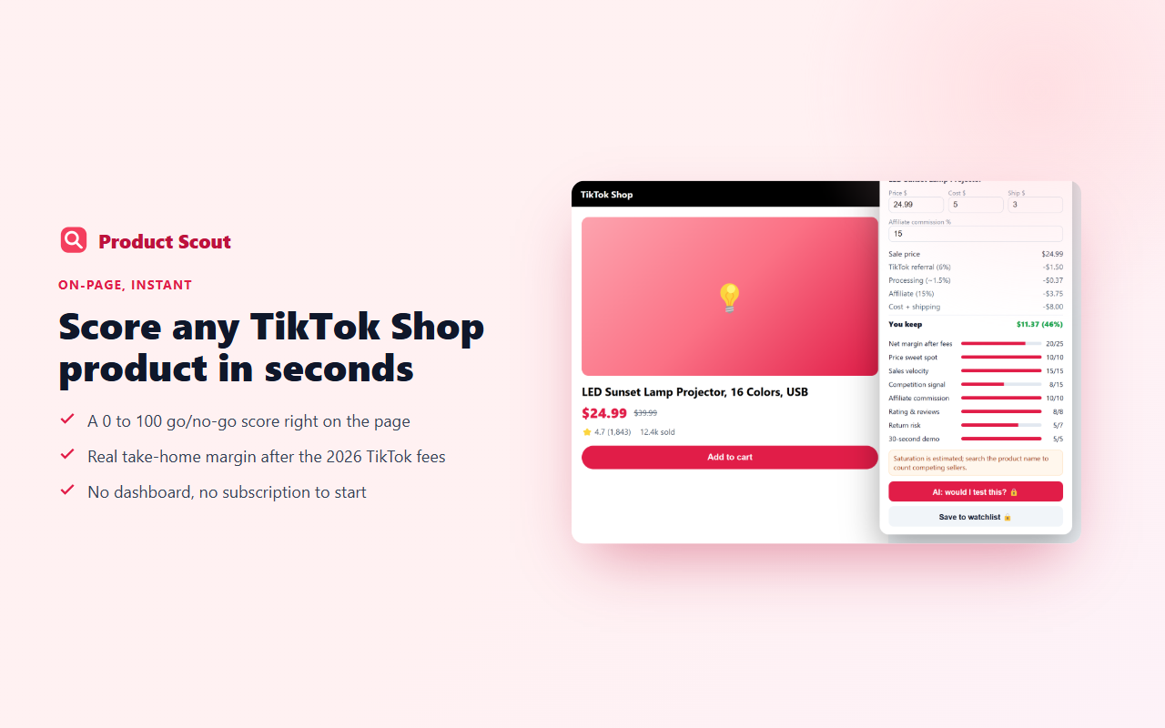 TikTok Shop Product Scout scorecard showing margin breakdown and go/no-go score
