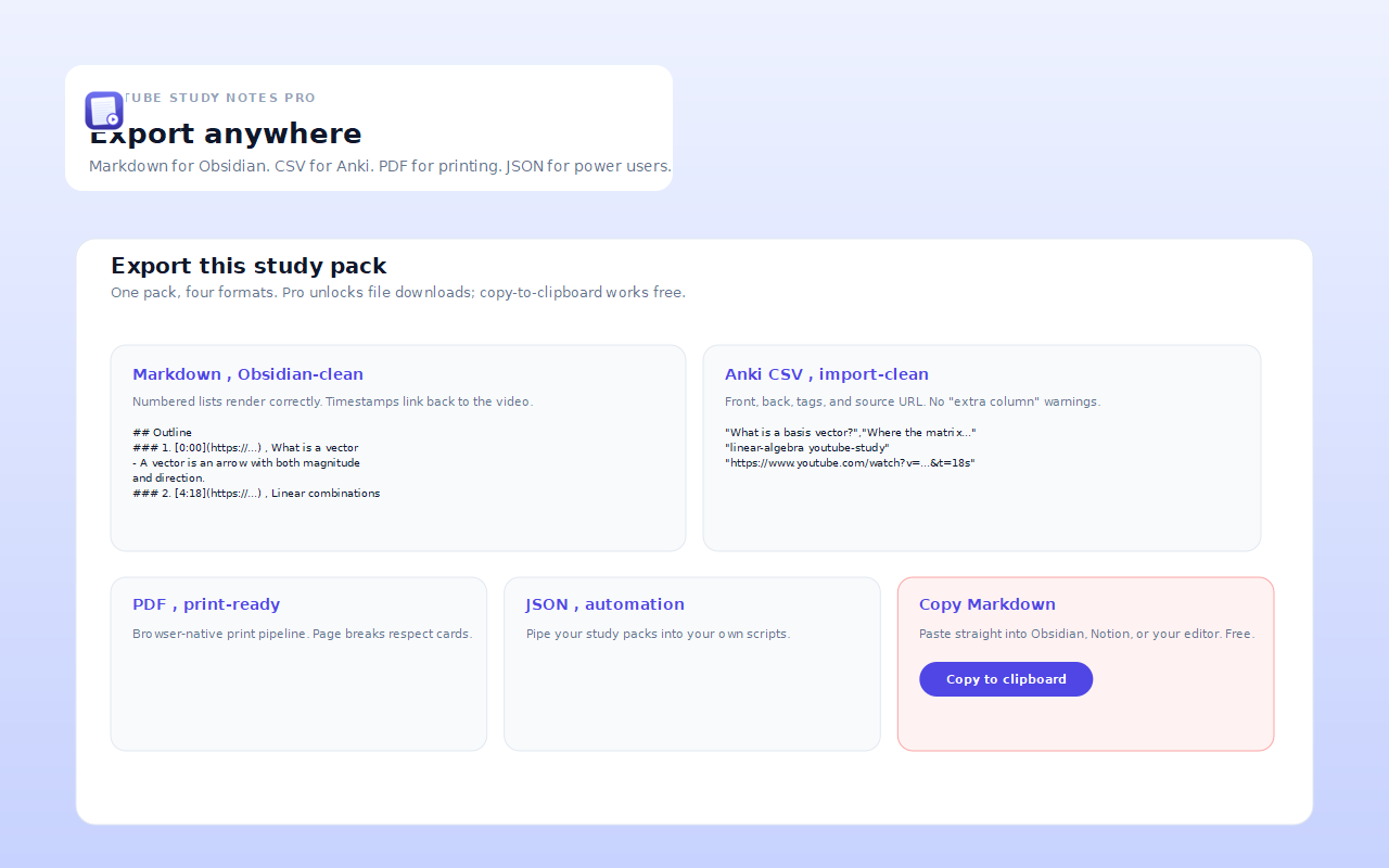 Export menu with Markdown, PDF, Anki CSV, and JSON options